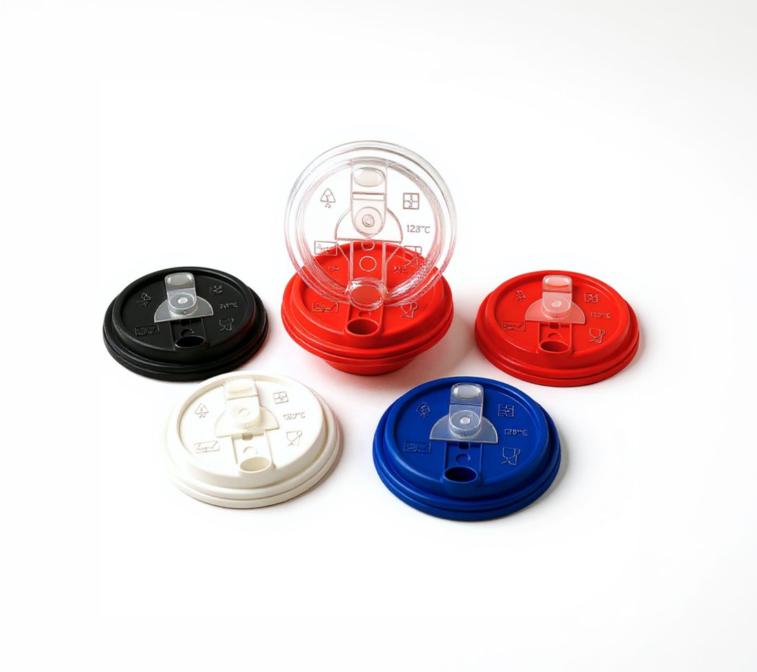 Cup lids in black, white, clear, red and blue